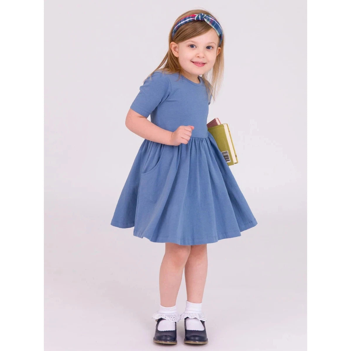 RuffleButts Countryside Blue Short Sleeve Knit Twirl Dress-RUFFLEBUTTS-Little Giant Kidz