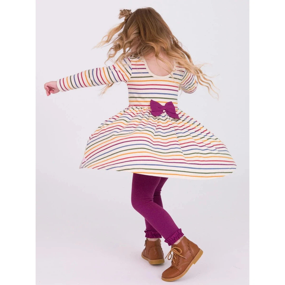 RuffleButts Countryside Rainbow Knit Long Sleeve Twirl Dress-RUFFLEBUTTS-Little Giant Kidz