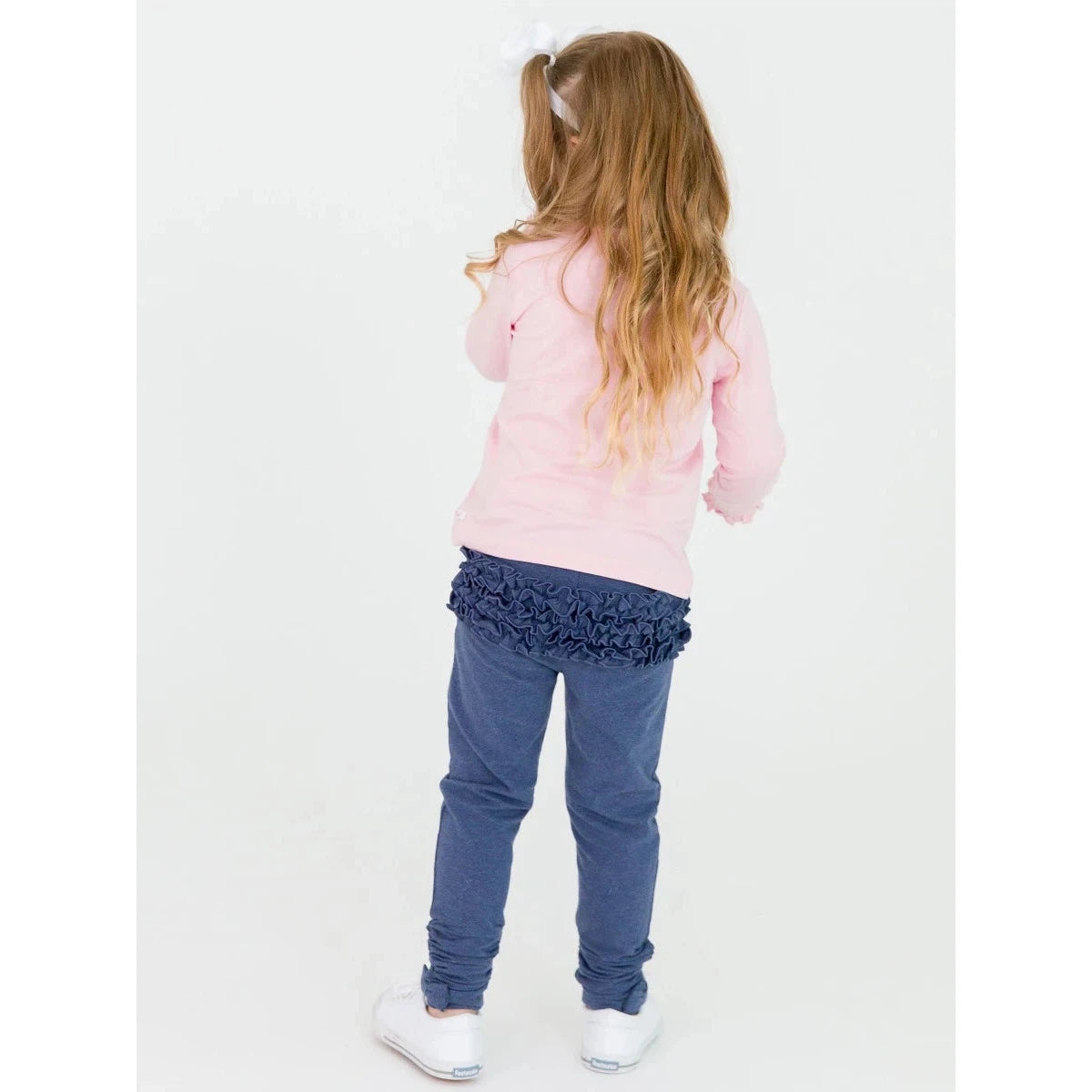 RuffleButts Faux Denim Ruched Bow Leggings-RUFFLEBUTTS-Little Giant Kidz