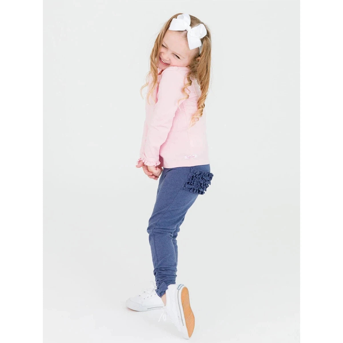 RuffleButts Faux Denim Ruched Bow Leggings-RUFFLEBUTTS-Little Giant Kidz