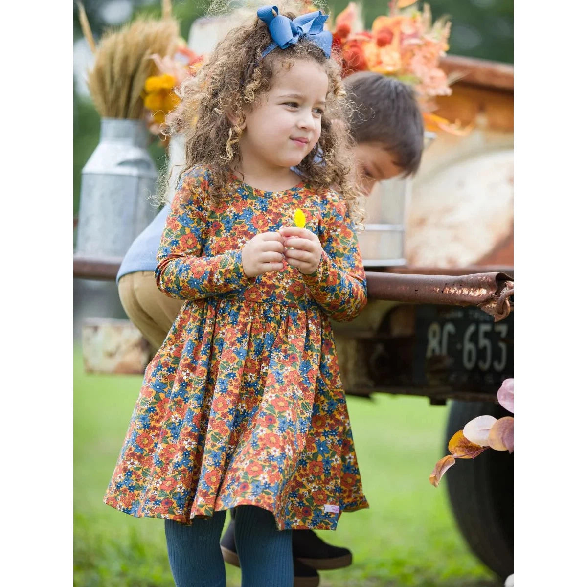 RuffleButts Golden Harvest Knit Long Sleeve Twirl Dress-RUFFLEBUTTS-Little Giant Kidz