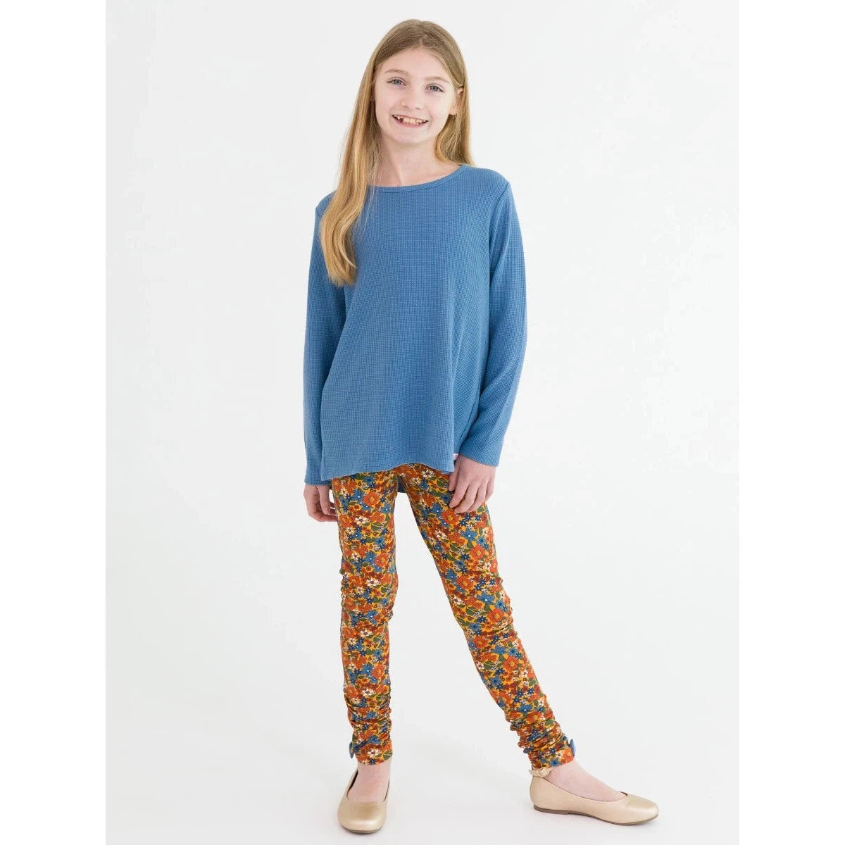 RuffleButts Golden Harvest Ruched Bow Leggings-RUFFLEBUTTS-Little Giant Kidz