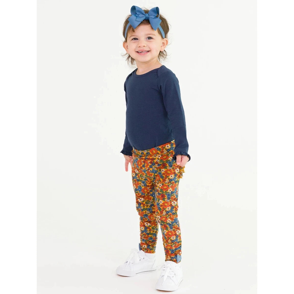 RuffleButts Golden Harvest Ruched Bow Leggings-RUFFLEBUTTS-Little Giant Kidz