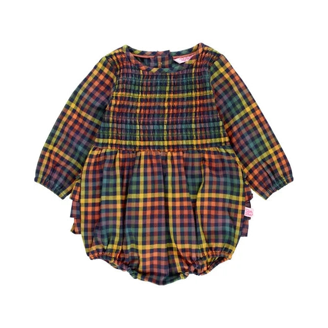 RuffleButts Harvest Rainbow Gingham Long Sleeve Smocked Bubble Romper-RUFFLEBUTTS-Little Giant Kidz