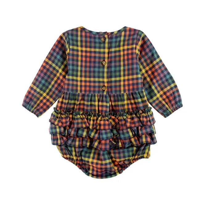 RuffleButts Harvest Rainbow Gingham Long Sleeve Smocked Bubble Romper-RUFFLEBUTTS-Little Giant Kidz