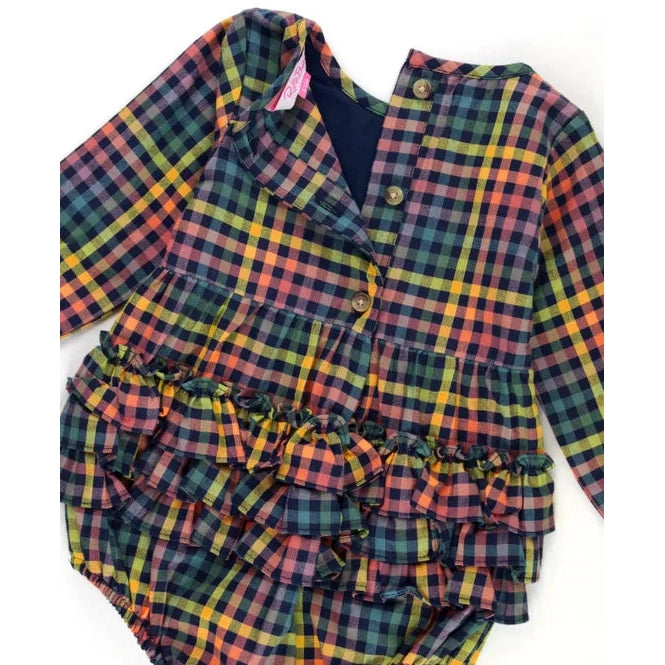 RuffleButts Harvest Rainbow Gingham Long Sleeve Smocked Bubble Romper-RUFFLEBUTTS-Little Giant Kidz