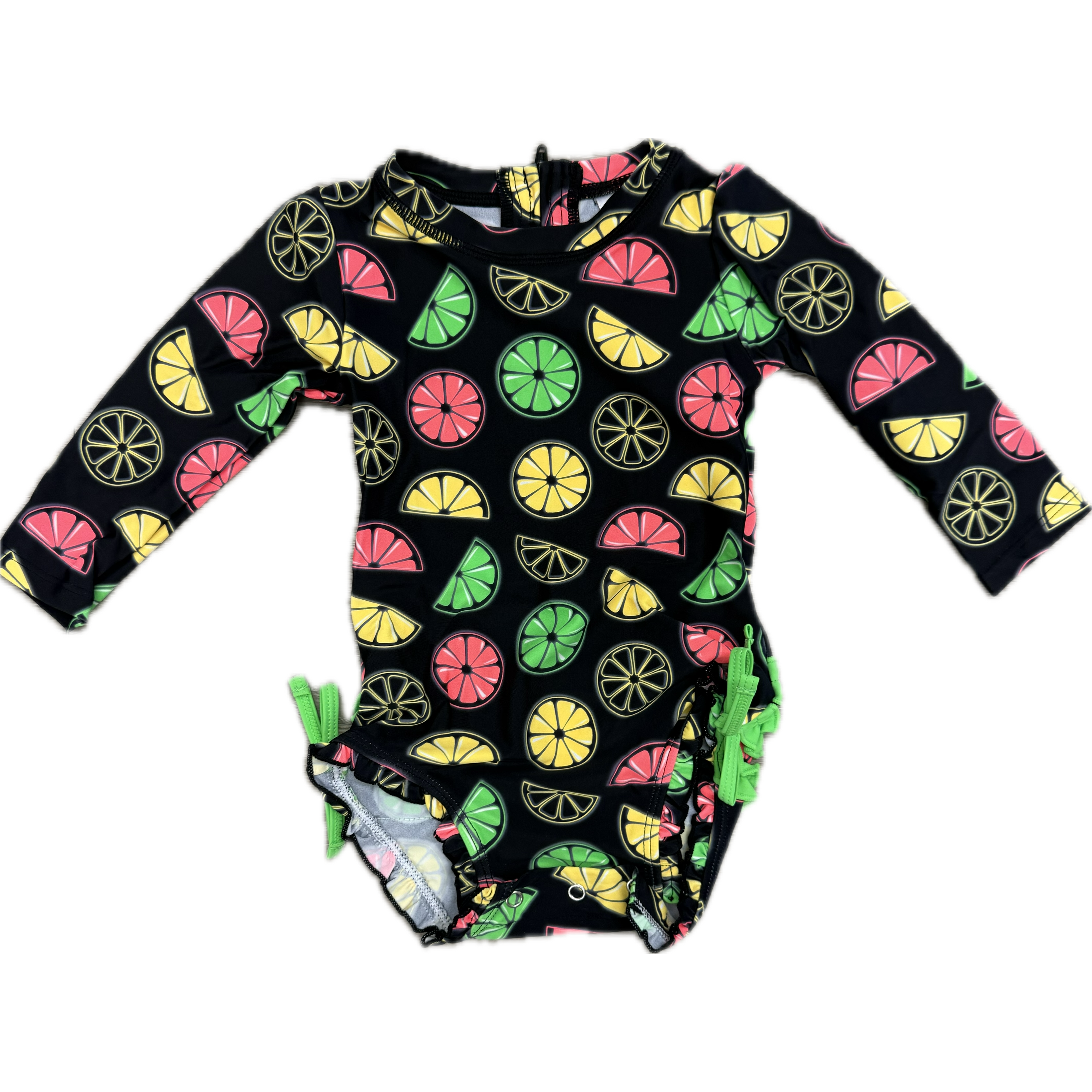 RuffleButts Long Sleeve Neon Black Citrus One Piece Rash Guard-RUFFLEBUTTS-Little Giant Kidz