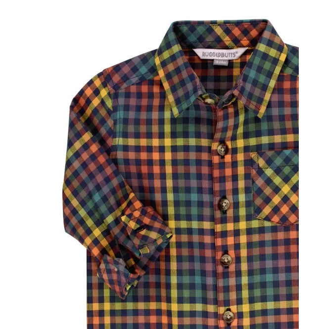 RuggedButts Harvest Rainbow Gingham Long Sleeve Button Down Shirt-RUGGEDBUTTS-Little Giant Kidz