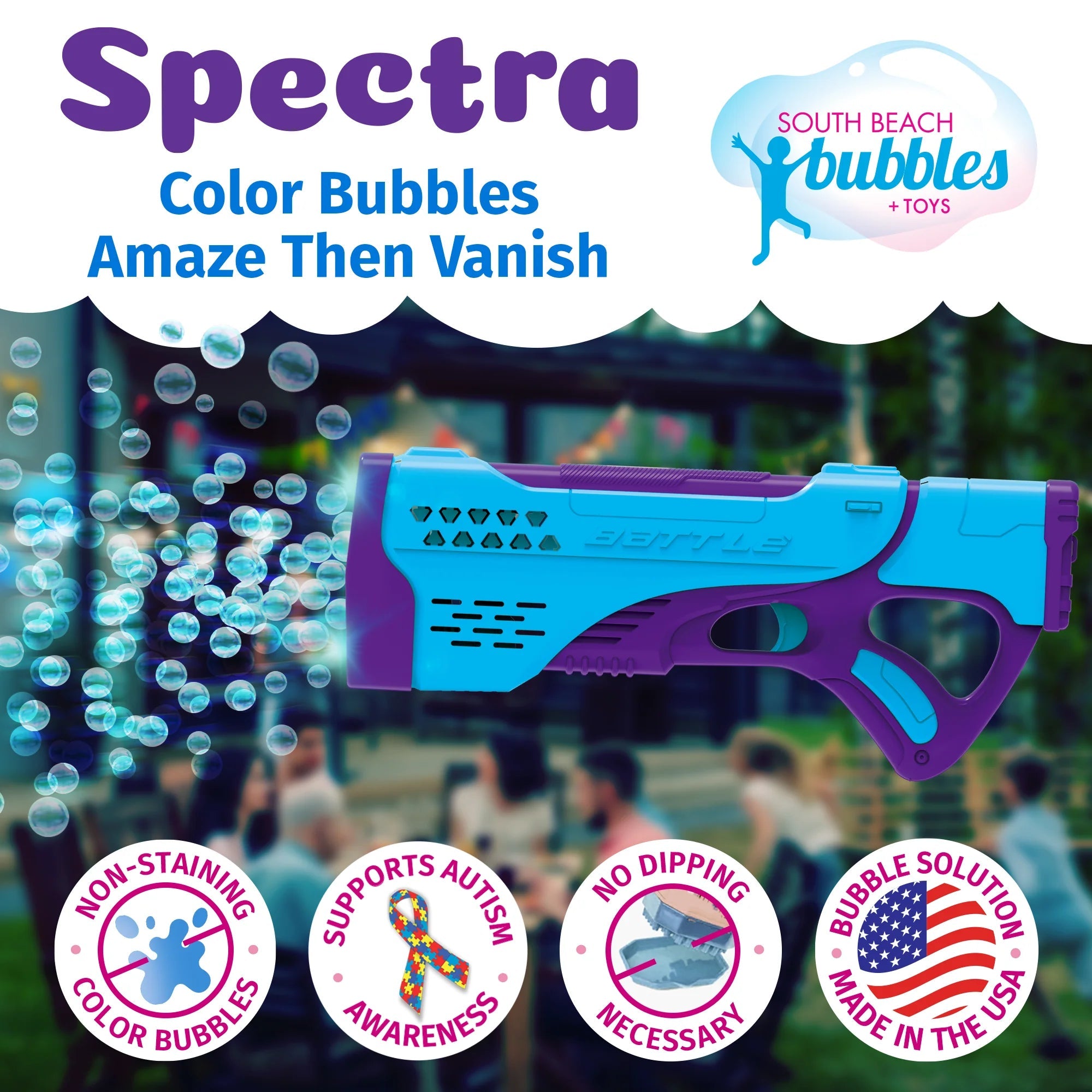 South Beach Bubbles PoppinColorz Spectra: Rechargeable Color Bubble Blaster-SOUTH BEACH BUBBLES-Little Giant Kidz