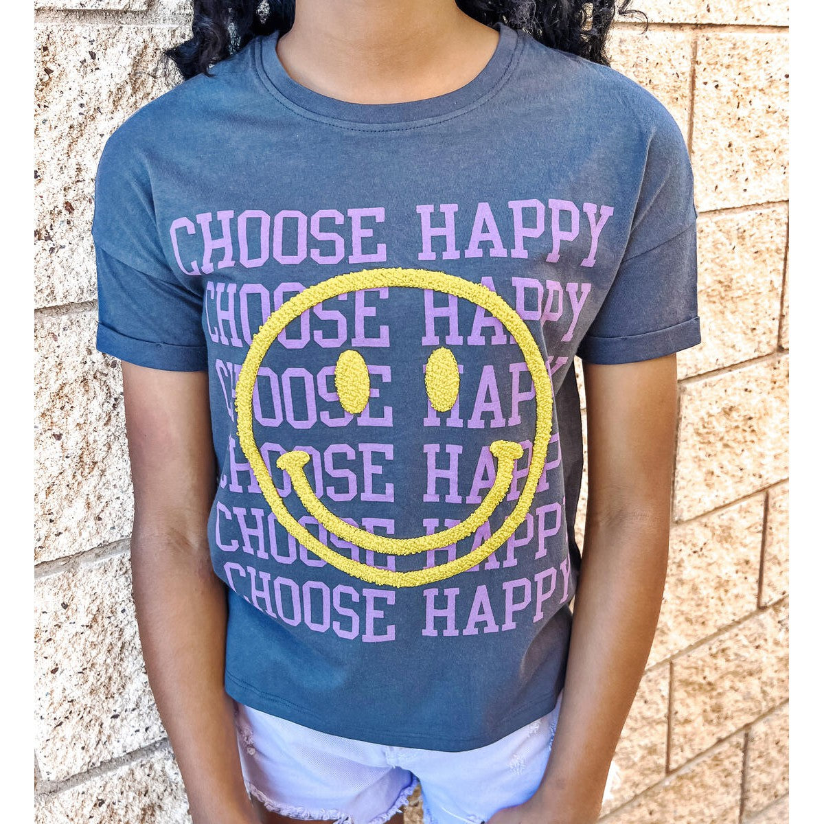 Sweet Soul Asphalt Choose Happy Smiley Face Patch Tee-Sweet Soul-Little Giant Kidz