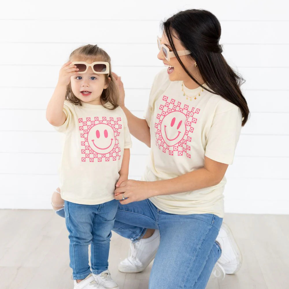 Sweet Wink Pink Smiley Checker Short Sleeve T-Shirt - Natural-Sweet Wink-Little Giant Kidz