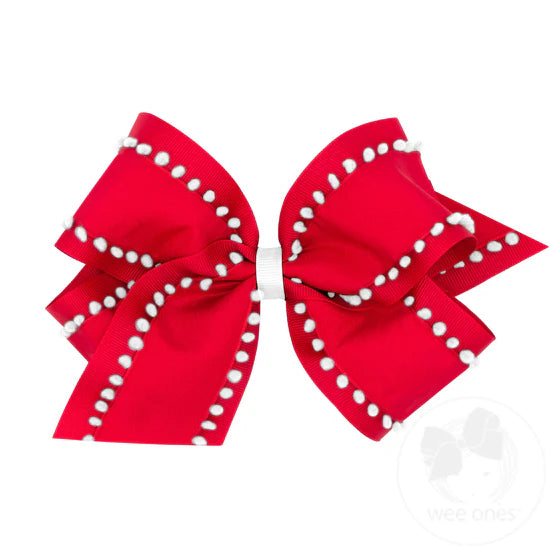 Wee Ones King Holiday Style Pom-Pom Edge Grosgrain Overlay Girls Hair Bow-WEE ONES-Little Giant Kidz