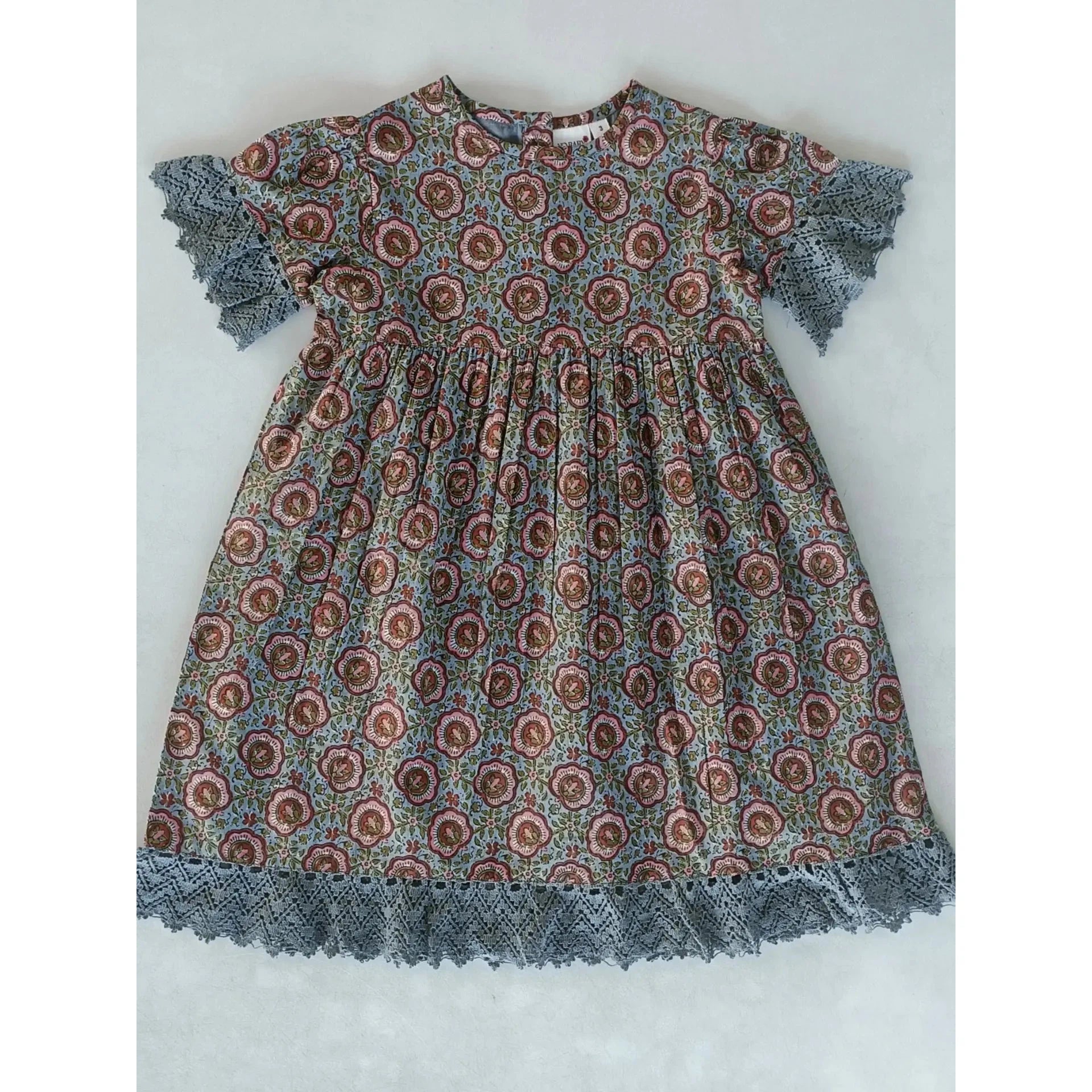 Yo Baby Grey Floral Printed Short Sleeves Gathered Dress-Yo Baby-Little Giant Kidz