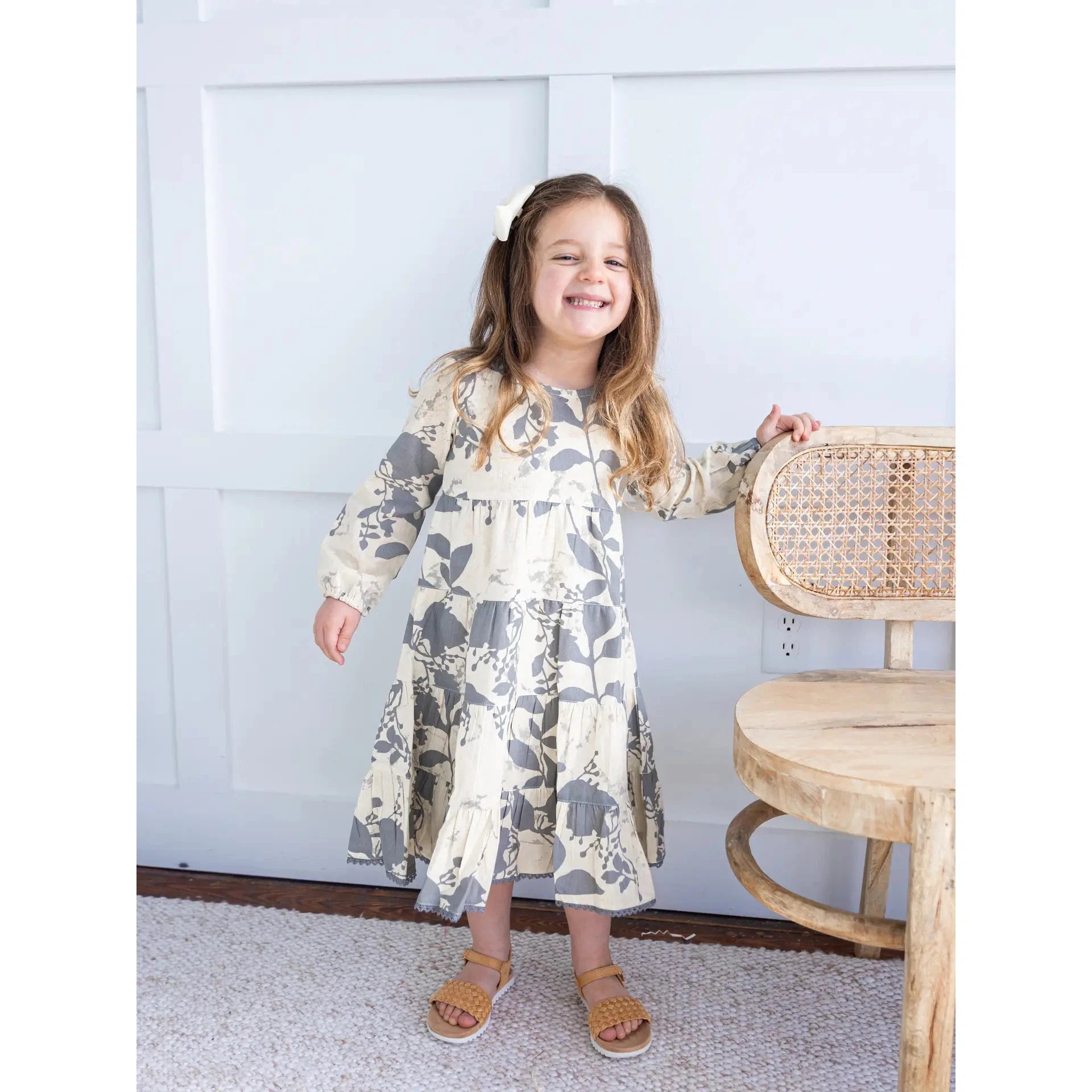 Yo Baby Grey Leaf Printed Tiered Long Sleeve Dress-Yo Baby-Little Giant Kidz