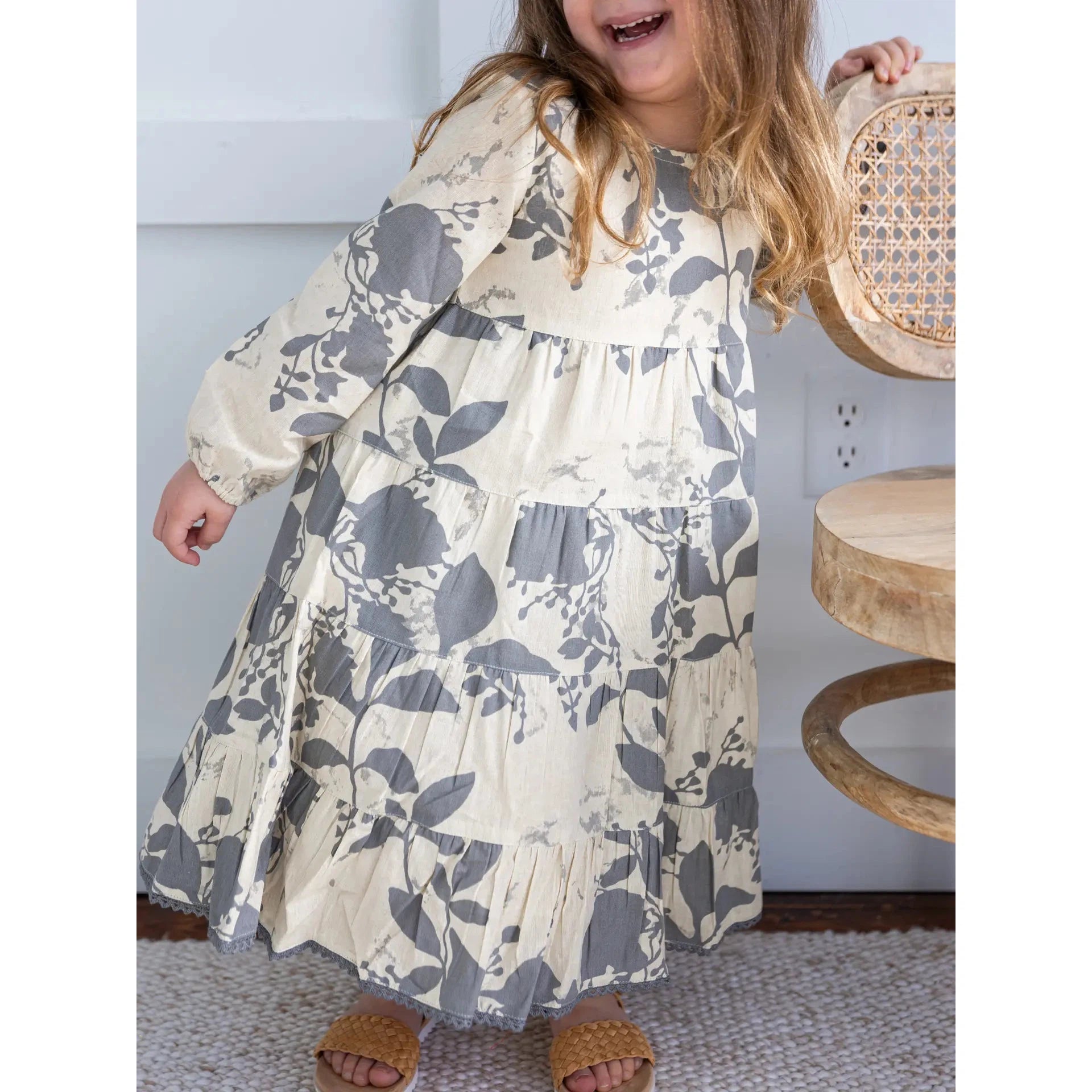 Yo Baby Grey Leaf Printed Tiered Long Sleeve Dress-Yo Baby-Little Giant Kidz