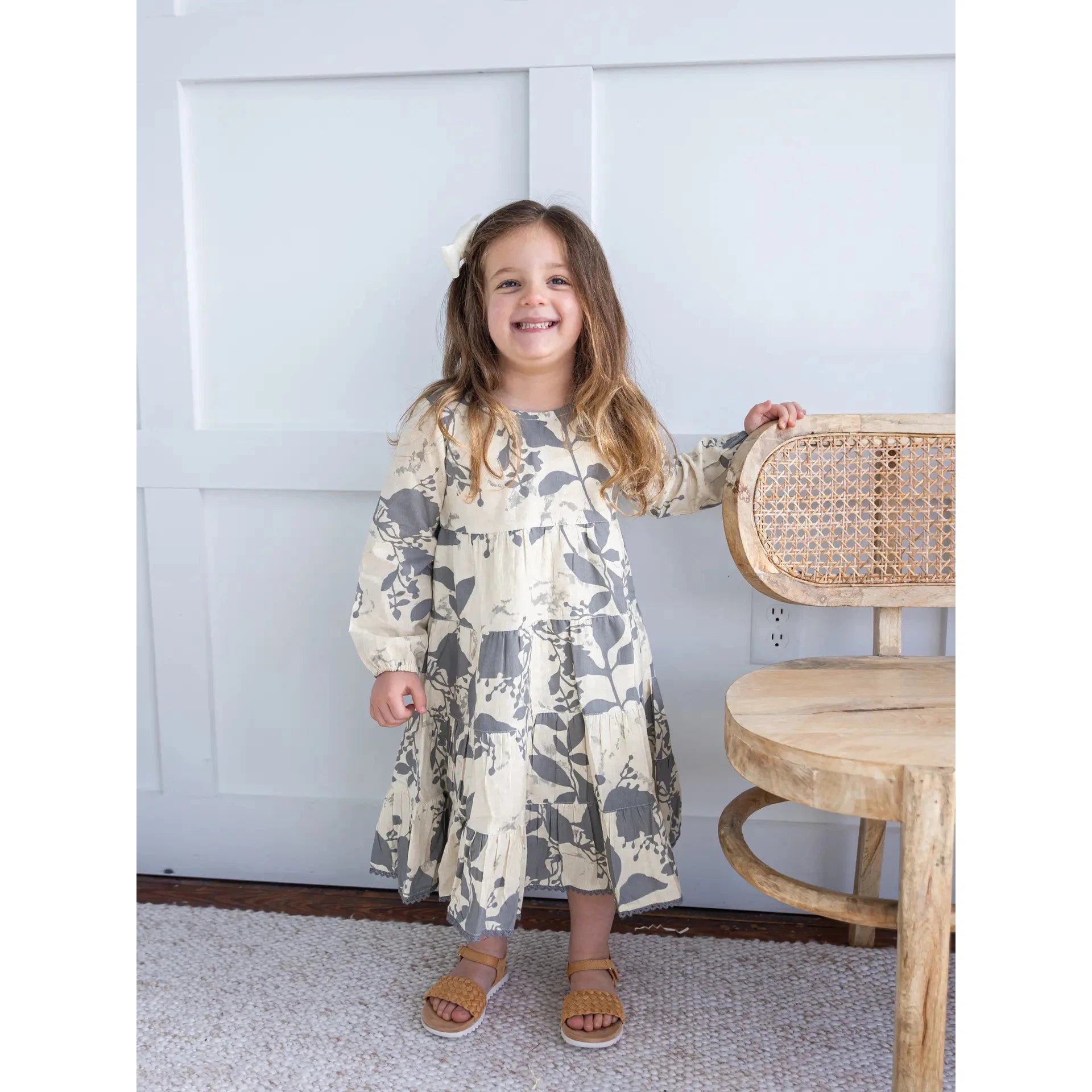 Yo Baby Grey Leaf Printed Tiered Long Sleeve Dress-Yo Baby-Little Giant Kidz