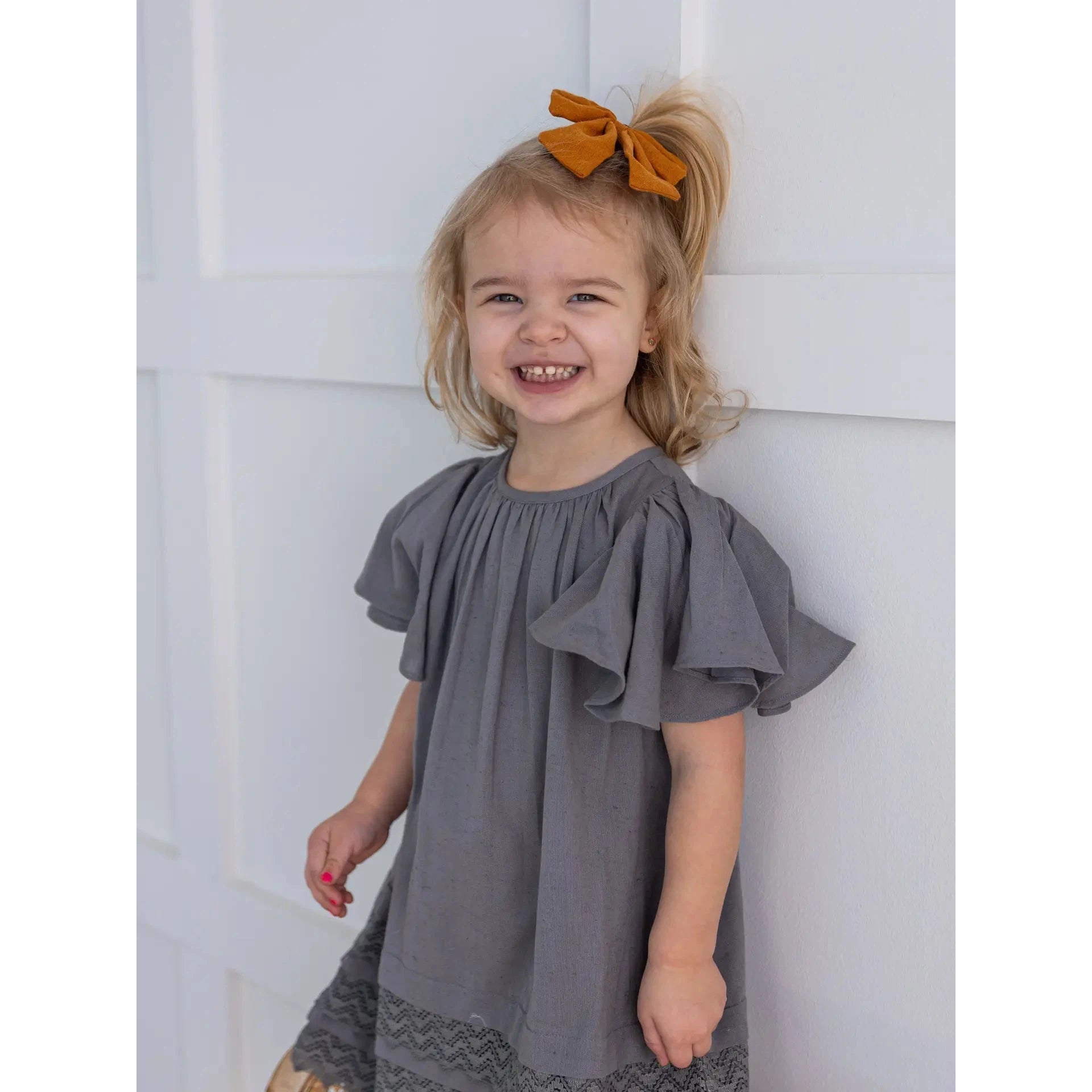 Yo Baby Grey Solid Color Sleeve & Neck Gathered Toddler Dress-Yo Baby-Little Giant Kidz