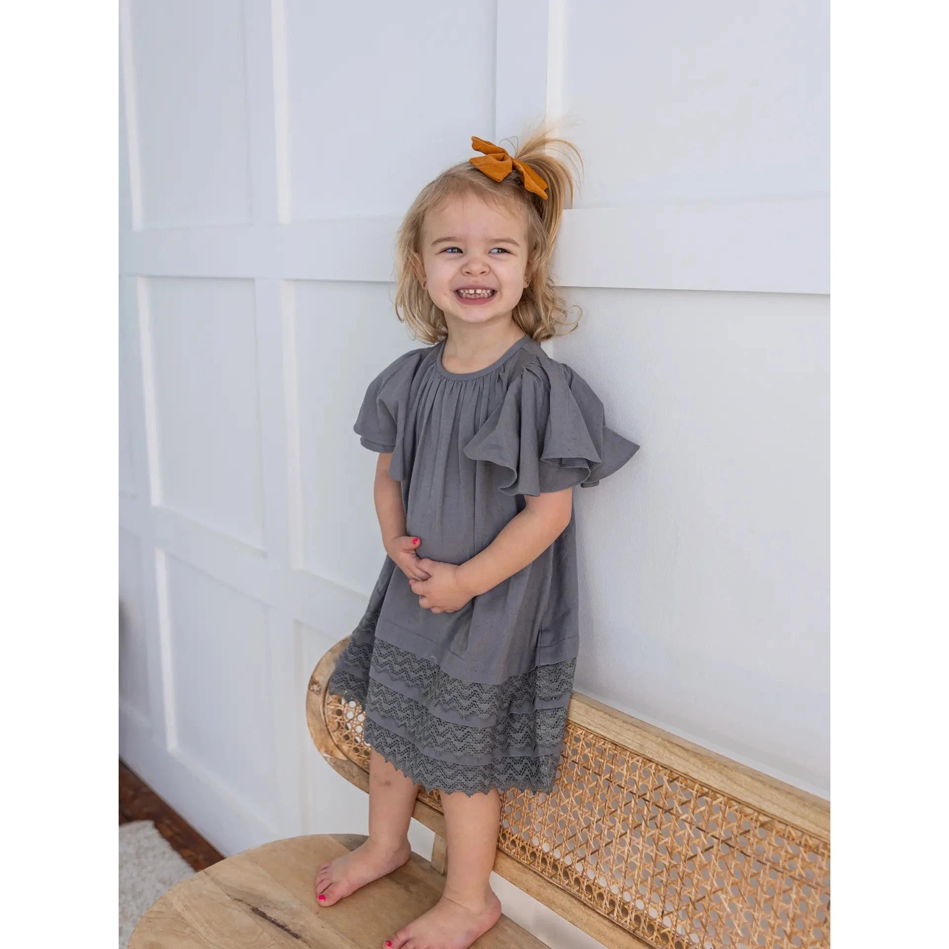 Yo Baby Grey Solid Color Sleeve & Neck Gathered Toddler Dress-Yo Baby-Little Giant Kidz