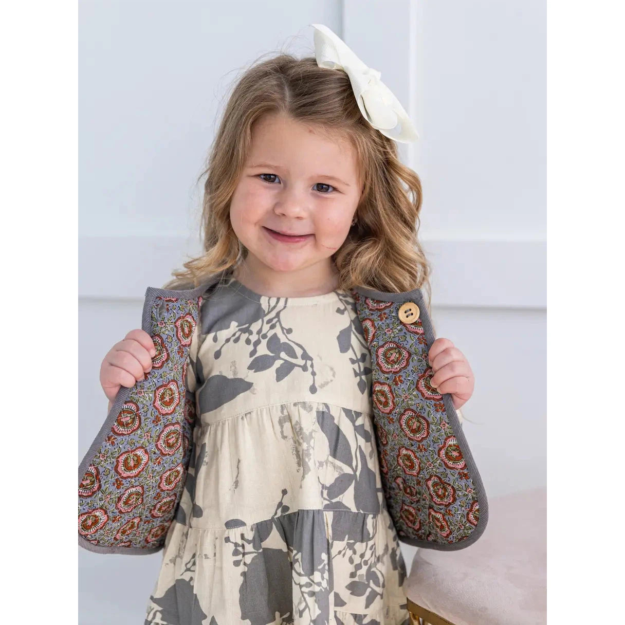 Yo Baby Reversible Solid Grey Corduroy & Grey Floral Print Quilted Vest-Yo Baby-Little Giant Kidz