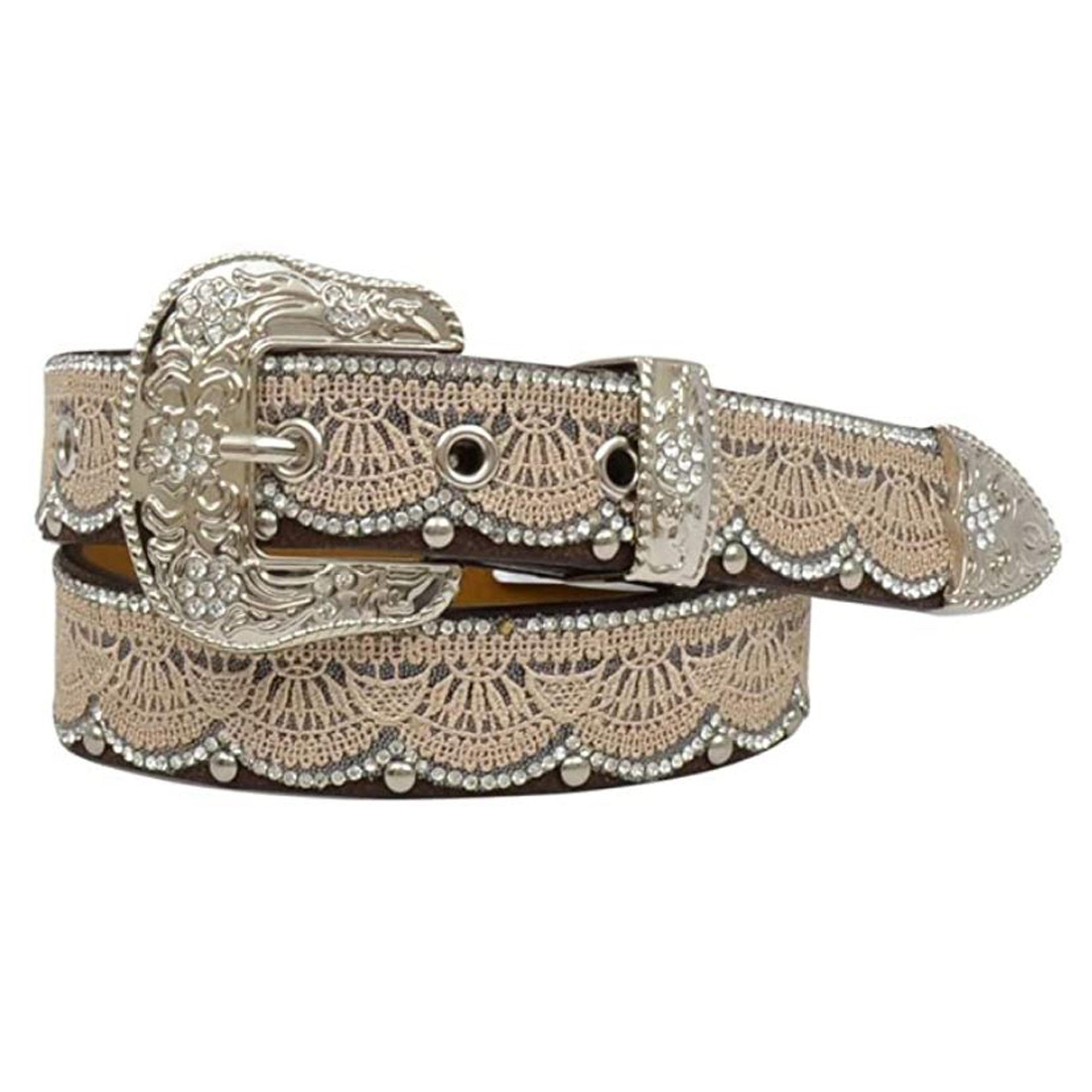 Angel Ranch Girls Lace Overlay Kids Leather Belt - Brown 1 1/4"-M & F Western Products-Little Giant Kidz