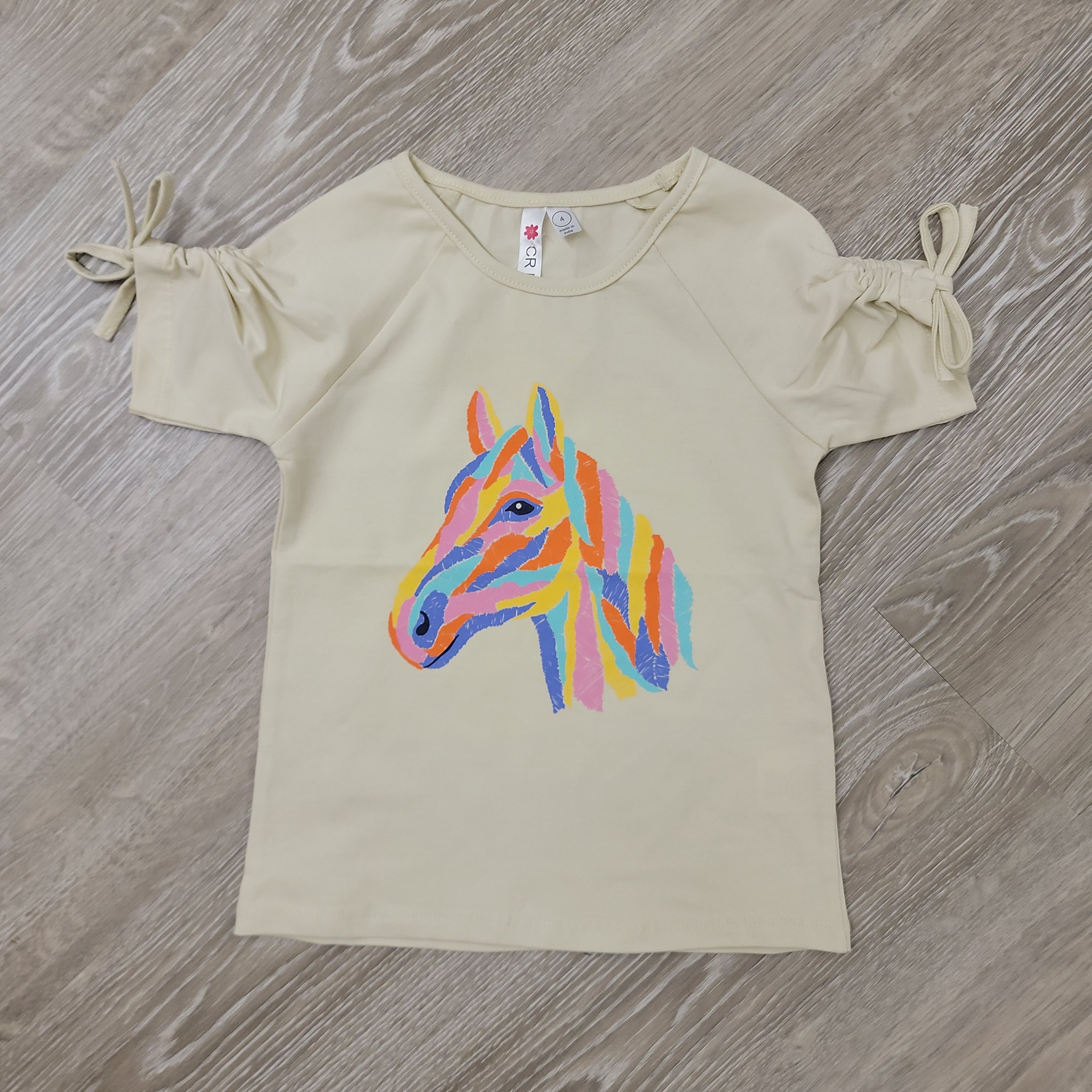 CR Kids Cinched Sleeve Rainbow Horse Top - Cream-CR KIDS-Little Giant Kidz