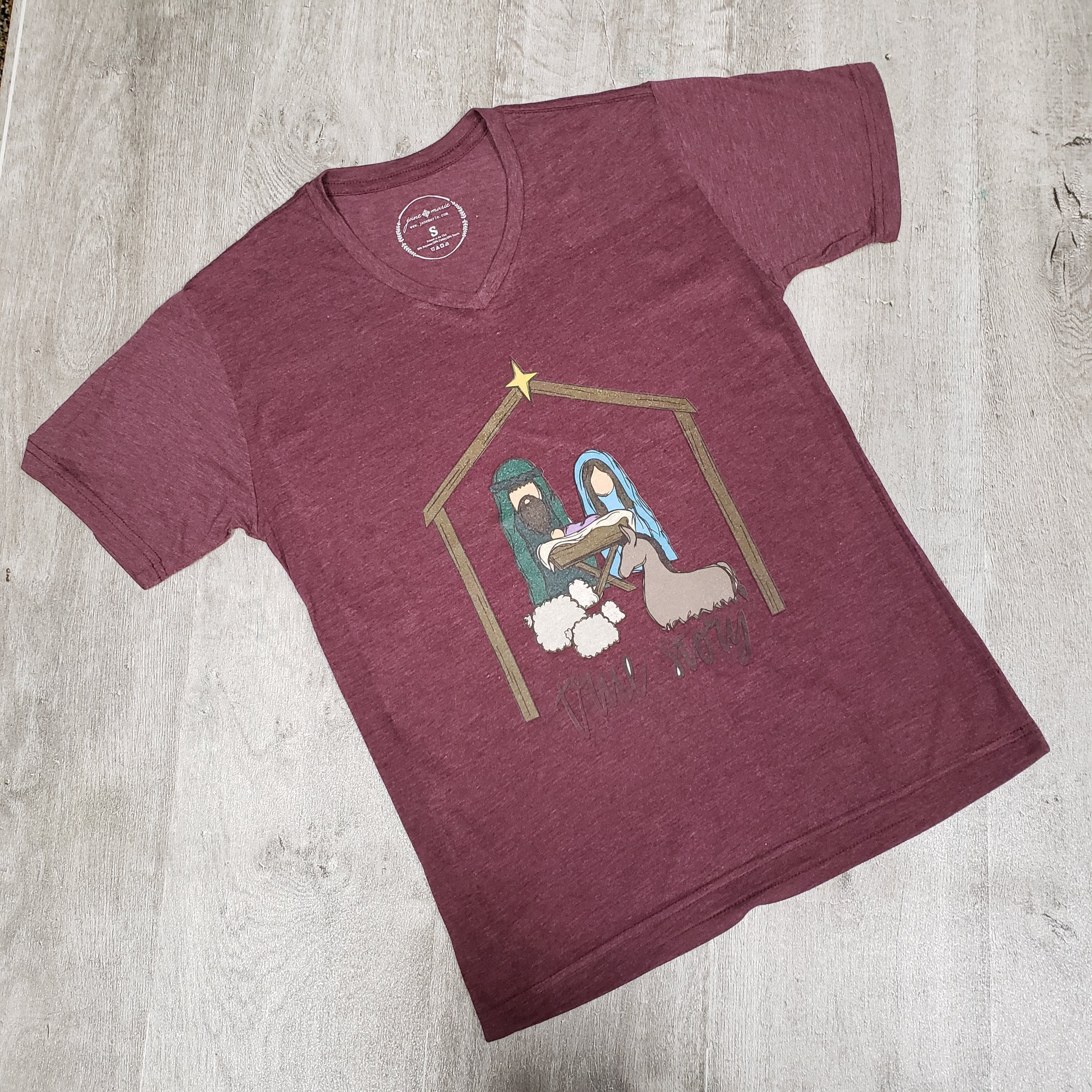 Jane Marie True Story Manger Scene Maroon V-Neck T-Shirt-JANE MARIE-Little Giant Kidz