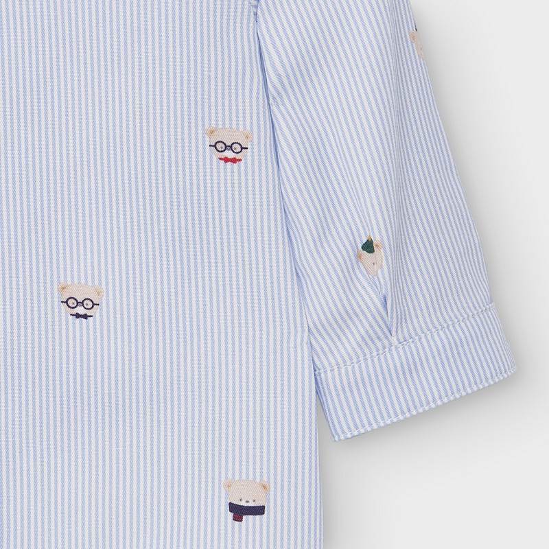 Mayoral Pinstripe Bear Faces Long Sleeve Button Up Shirt-MAYORAL-Little Giant Kidz