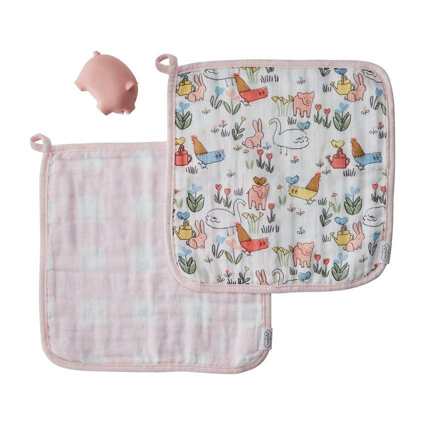 Mud Pie Farmhouse Muslin Washcloth & Rubber Toy Set Pig-MUD PIE-Little Giant Kidz