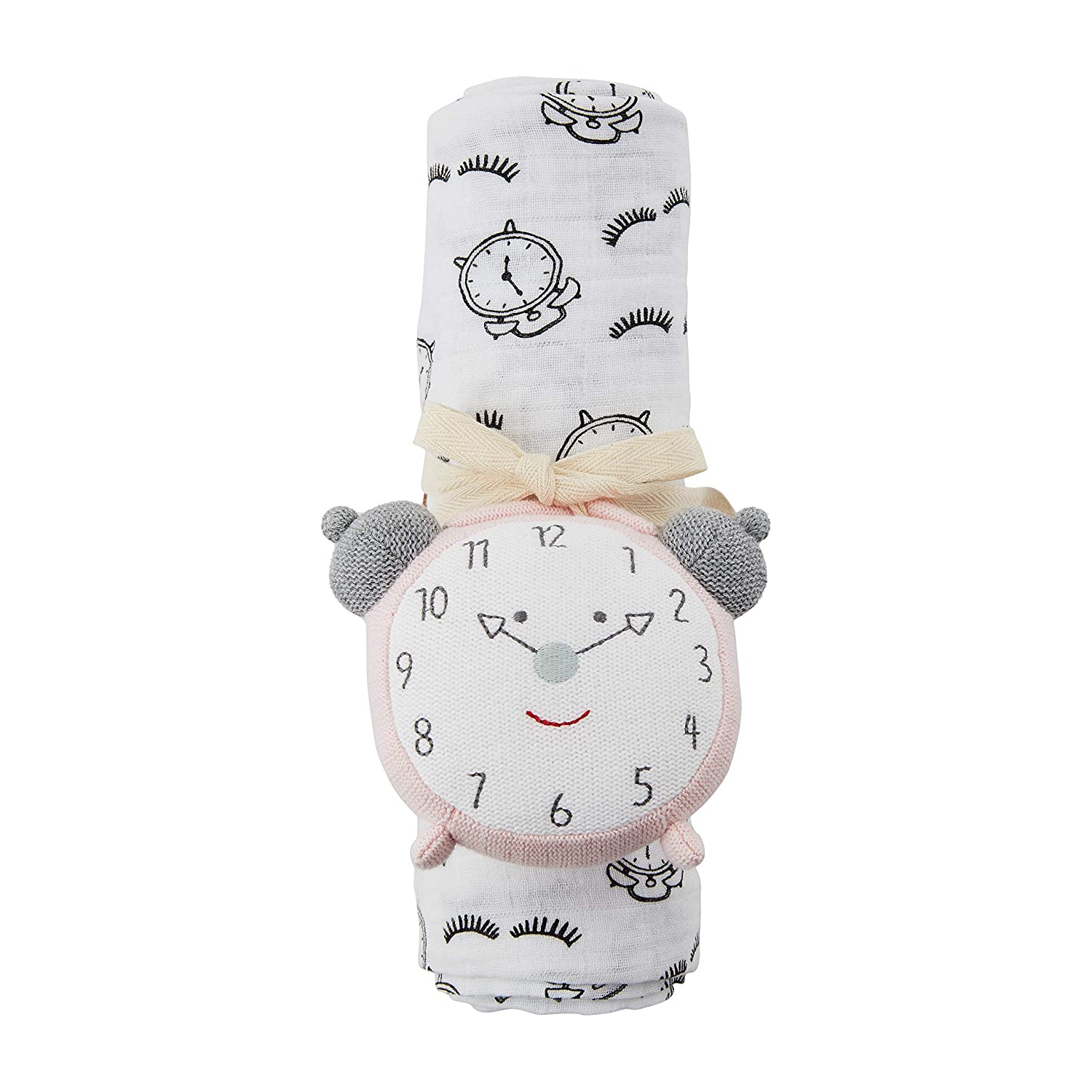 Mud Pie Knit Rattle & Printed Muslin Swaddle Blanket - Alarm Clock-MUD PIE-Little Giant Kidz