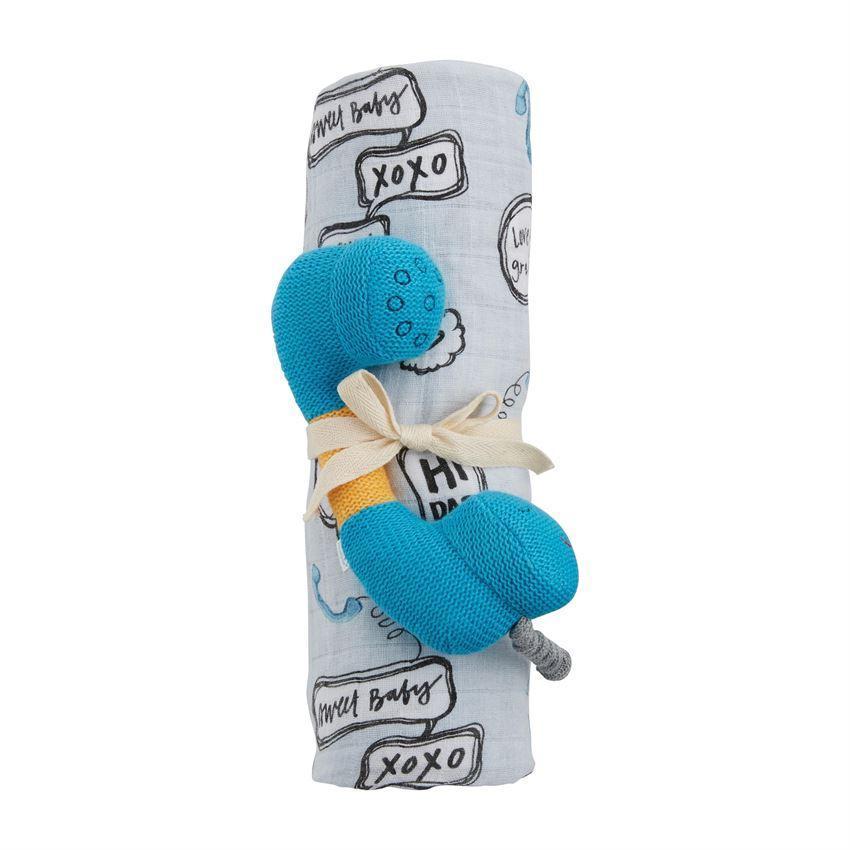 Mud Pie Knit Rattle & Printed Swaddle Blanket - Telephone-MUD PIE-Little Giant Kidz