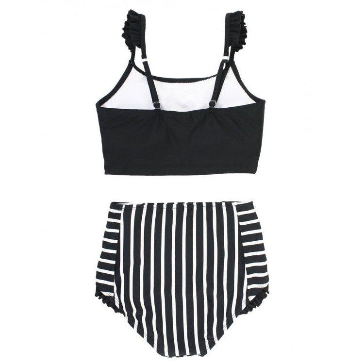 RuffleButts Black & White Stripe Flutter High Waisted Bikini-RUFFLEBUTTS-Little Giant Kidz